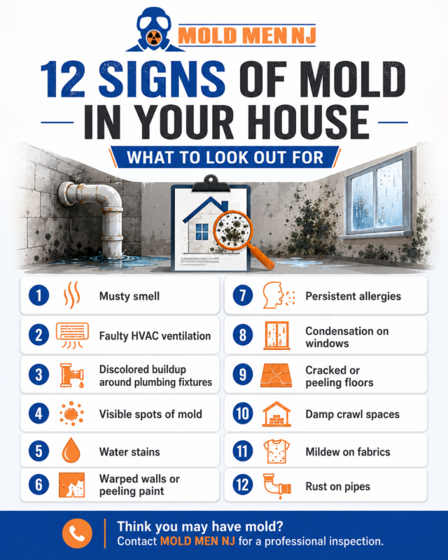 Mold Men NJ Checklist Showing 12 Signs of Possible Mold in Someones Home. An image of the inside of the home with mold around pipes and windows is visible.